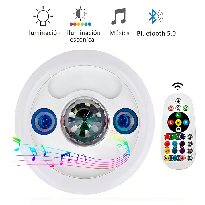 FOCO LED 3 EN 1 ( CONTROL REMOTO, BLUETOOTH Y DOBLE PARLANTE )